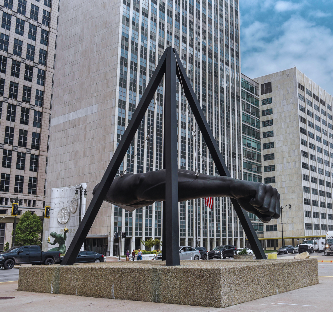 Hart Plaza sculpture and downtown Detroit skyline