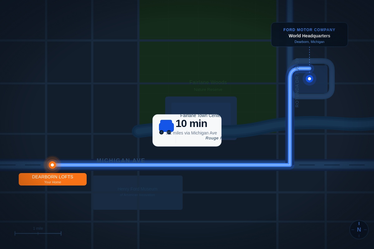 Map showing Dearborn Lofts approximately 10 minutes from Ford World Headquarters